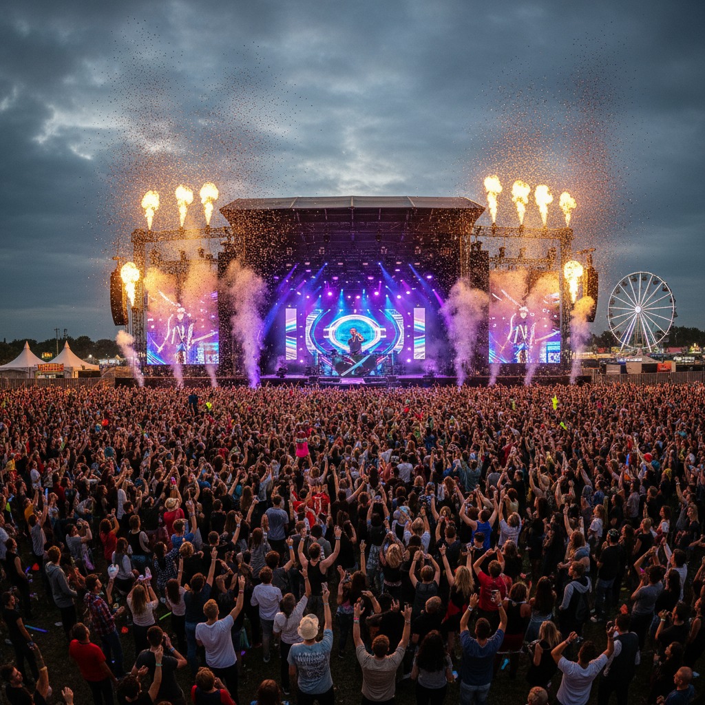 bedroom-bliss A massive crowd of people with their hands raised faces a brightly lit outdoor stage during a concert with fireworks and confetti shooting into the air.