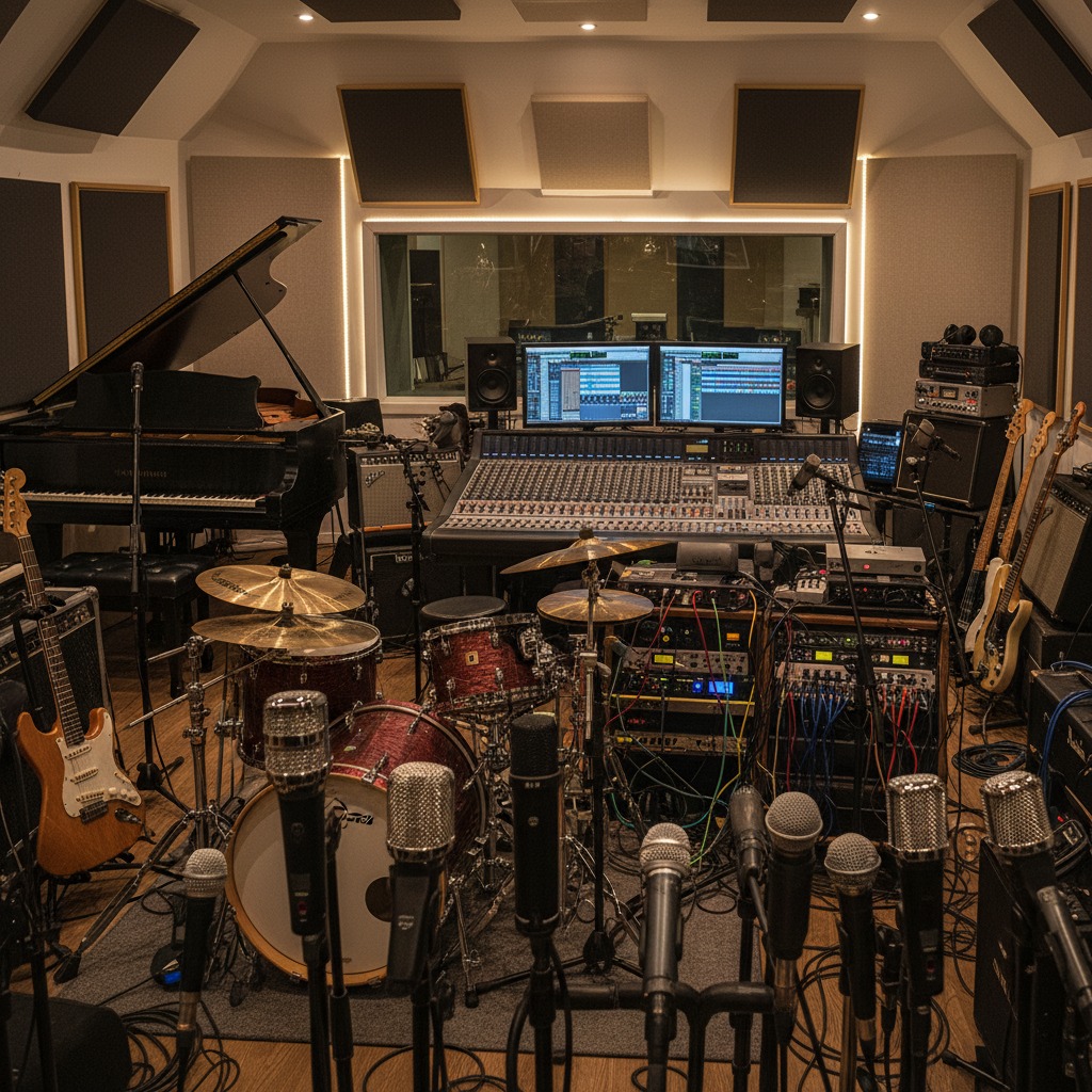 summer-sale A music recording studio featuring a mixing console, drum kit, grand piano, and various microphones in the foreground.